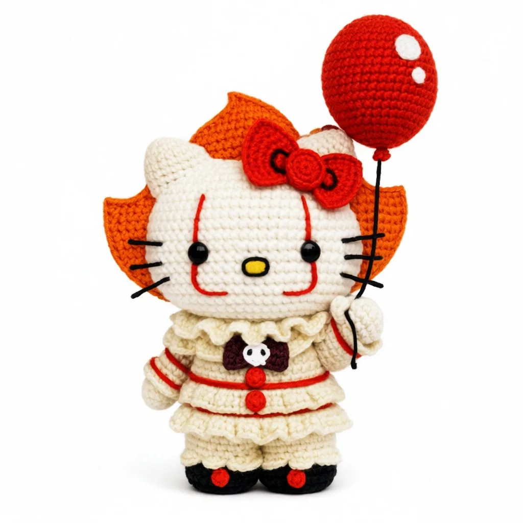Crochet Hello Kitty Pennywise clown doll holding red balloon with orange yarn hair - Halloween amigurumi idea