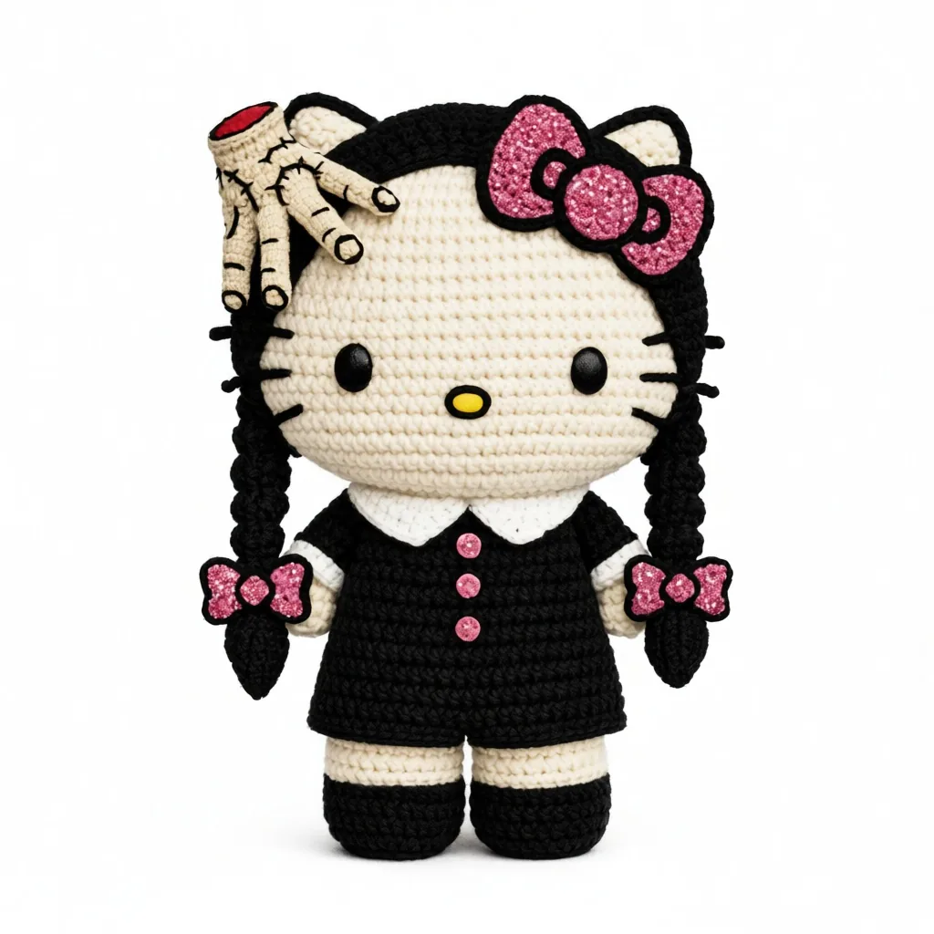 Crochet Hello Kitty Wednesday Addams doll with black braids, white collar dress and pink bows - Halloween amigurumi