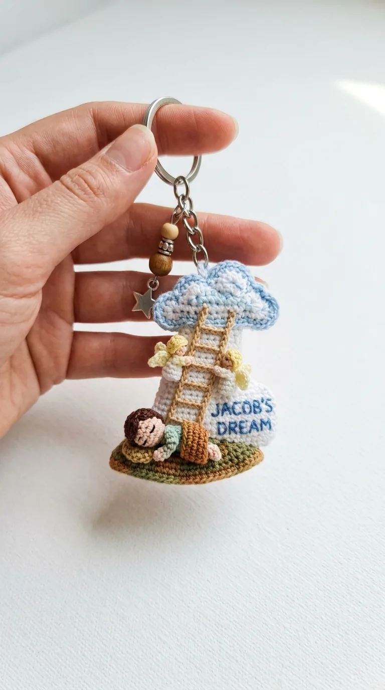 Crochet Jacobs Ladder keychain with cloud, angels and sleeping Jacob - Bible amigurumi