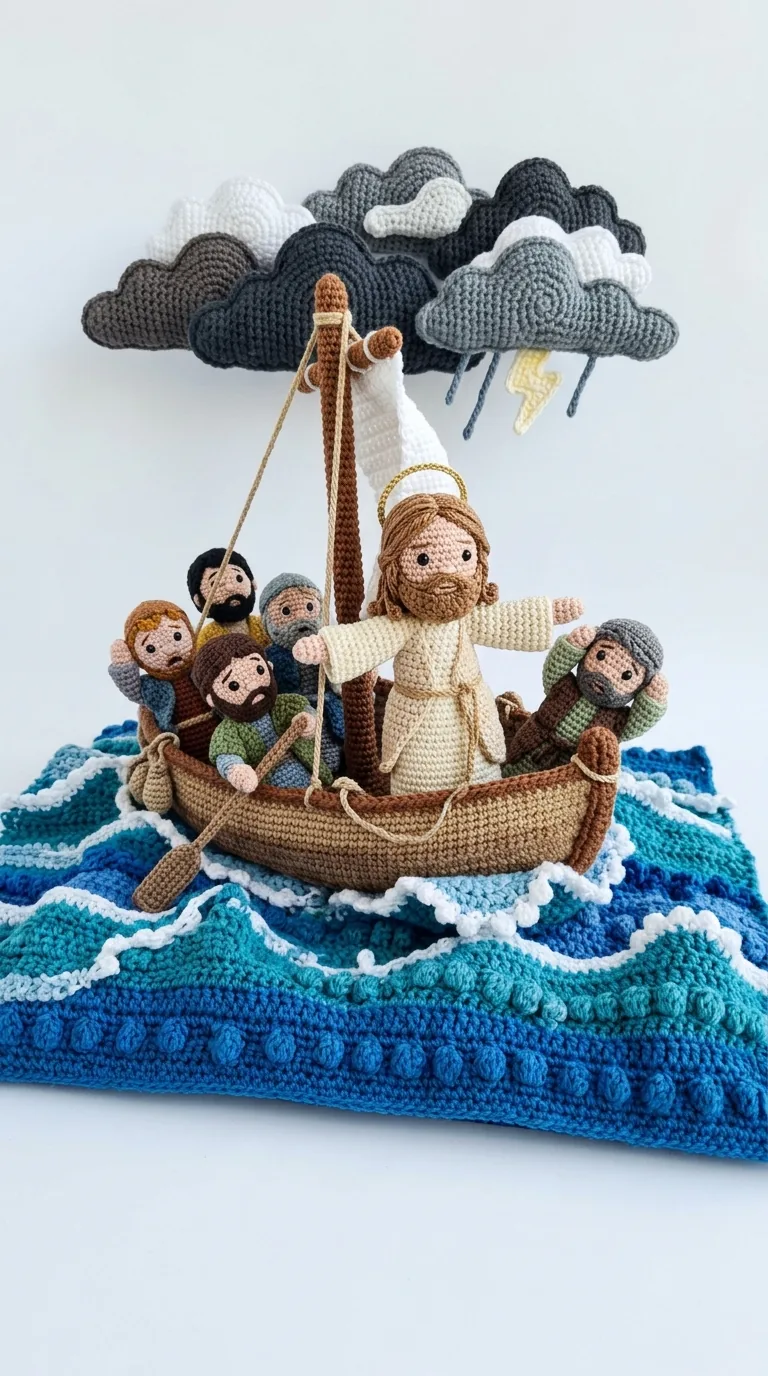 Crochet Jesus calming the storm scene with boat and waves - Bible story amigurumi