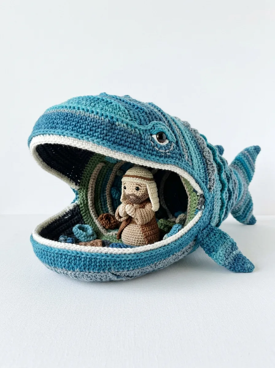 Crochet Jonah inside the great fish scene - Bible story amigurumi