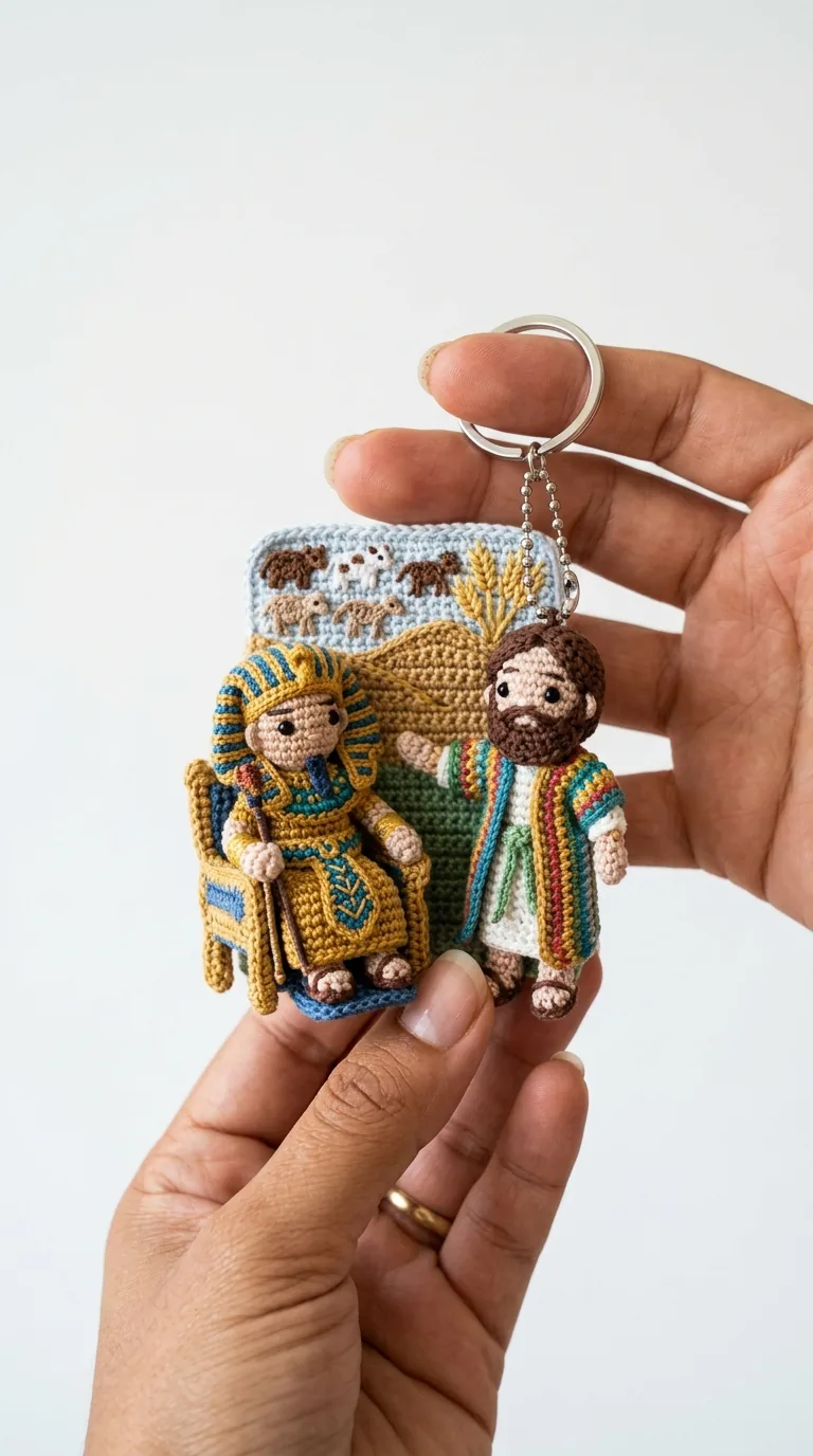 Crochet Joseph interpreting Pharaohs dream keychain - Bible story amigurumi