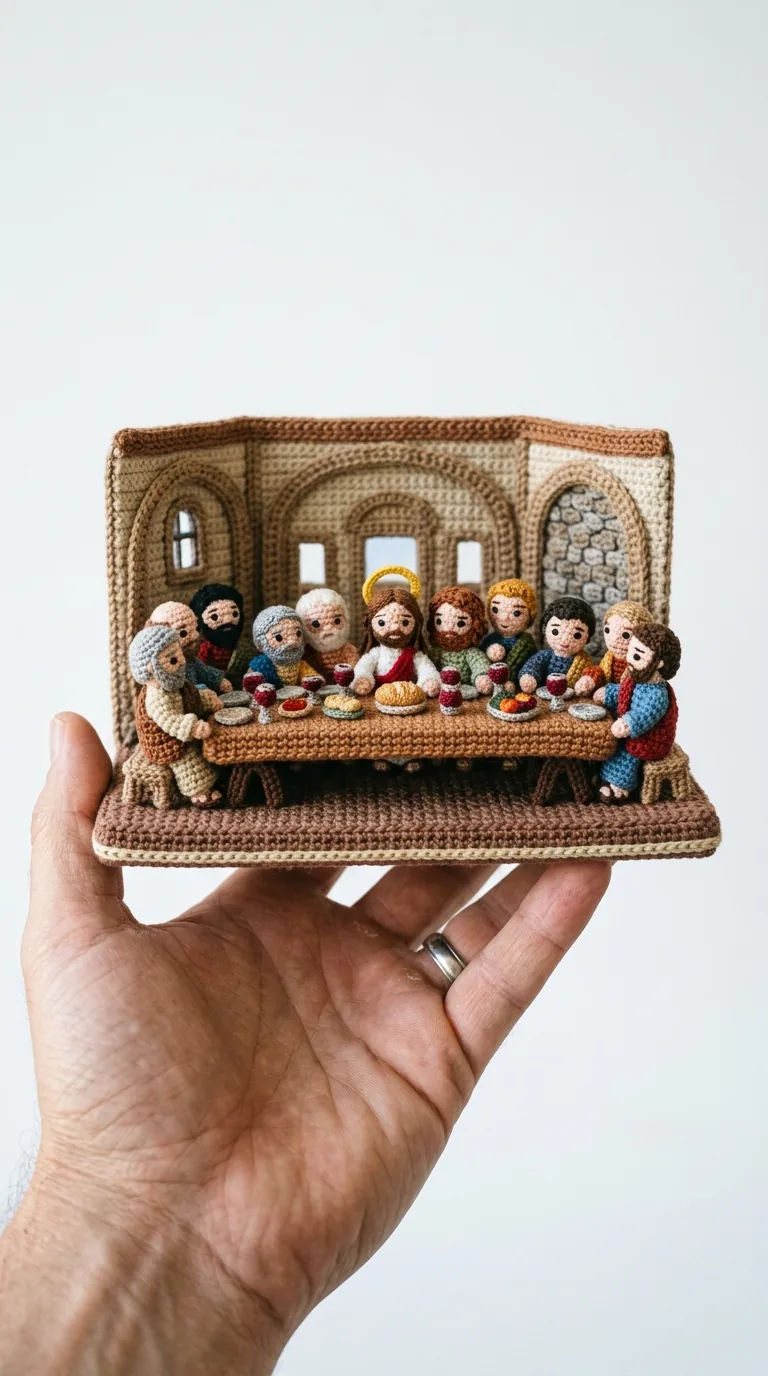 Crochet Last Supper diorama with Jesus and the twelve apostles - Bible amigurumi scene