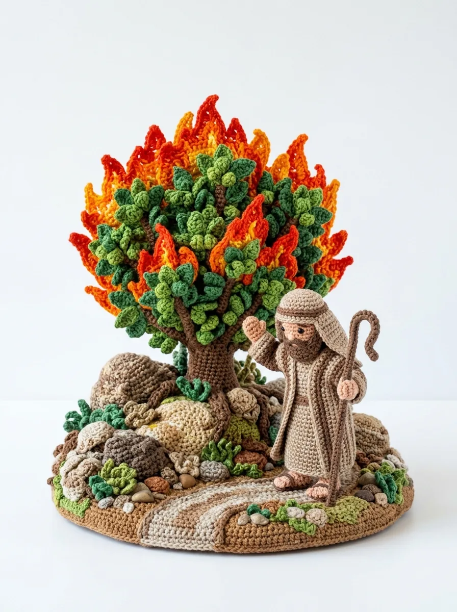 Crochet Moses and the burning bush scene with flames - Bible story amigurumi diorama