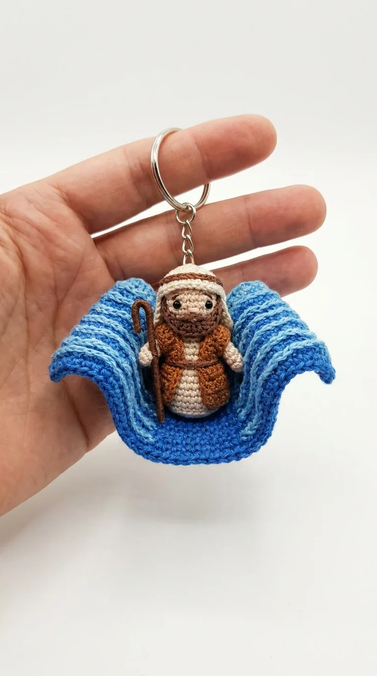 Crochet Moses parting the Red Sea keychain with raised staff - Bible story amigurumi