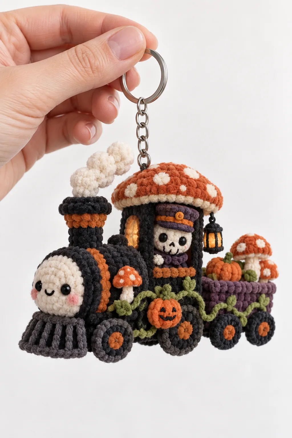 Halloween crochet train with mushrooms pumpkins and a tiny conductor