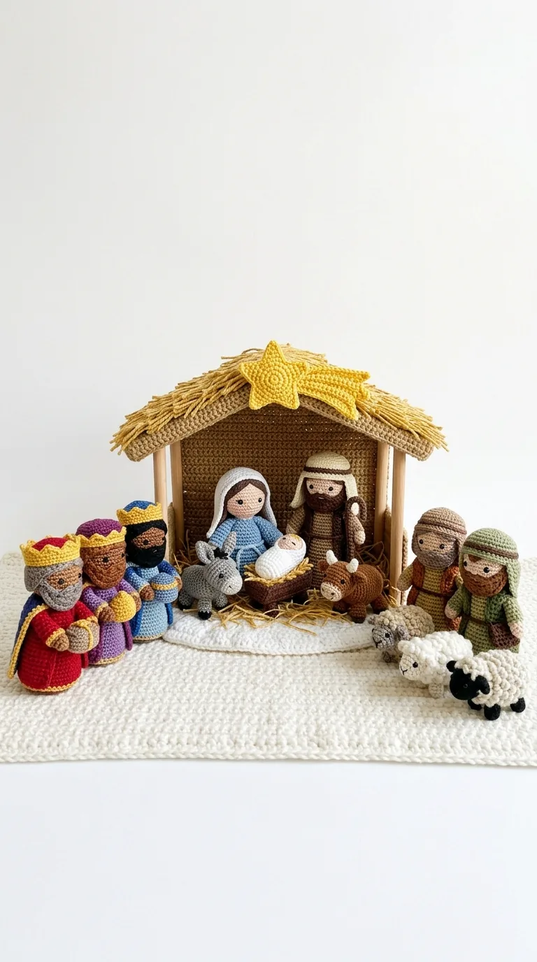 Crochet nativity scene diorama with Mary, Joseph and baby Jesus - Christmas amigurumi