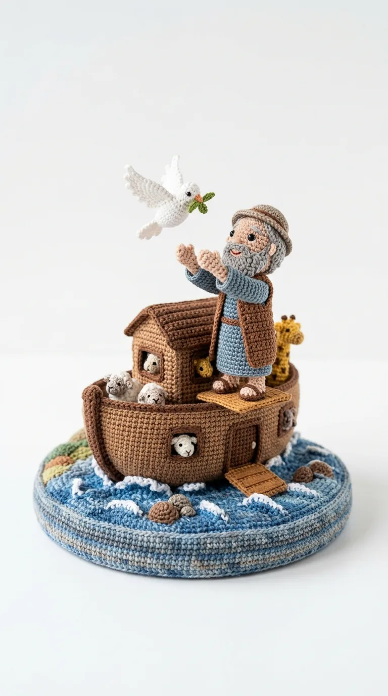 Crochet Noah releasing the dove diorama - Noahs Ark Bible amigurumi scene