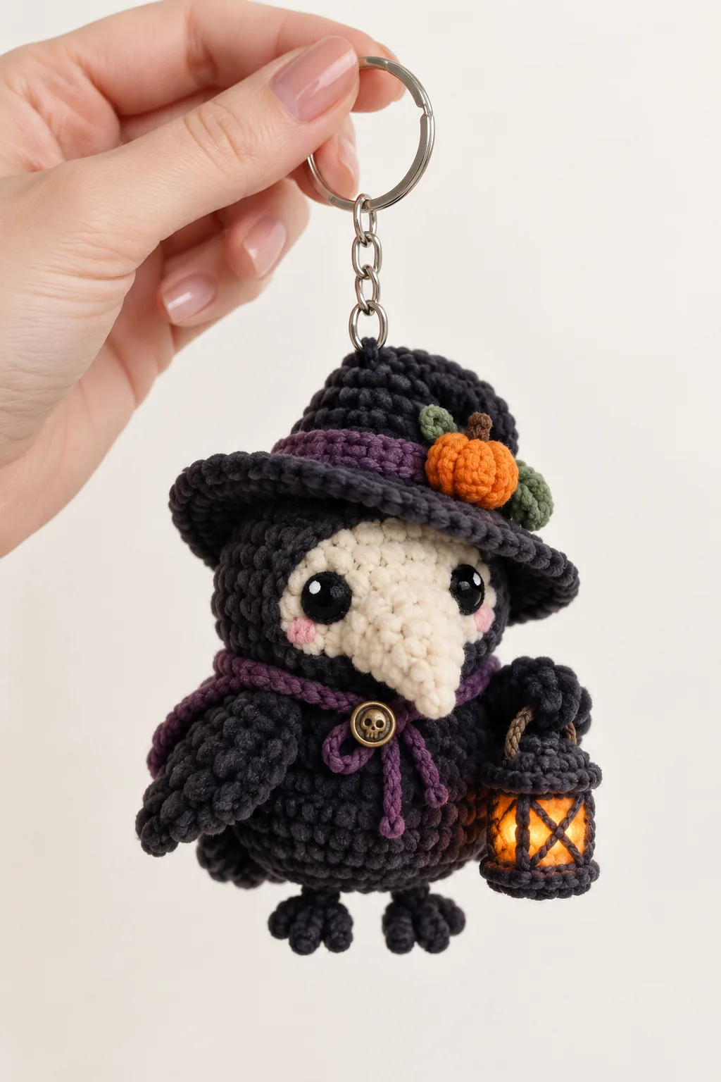 Plague doctor crow holding a glowing lantern crochet keychain