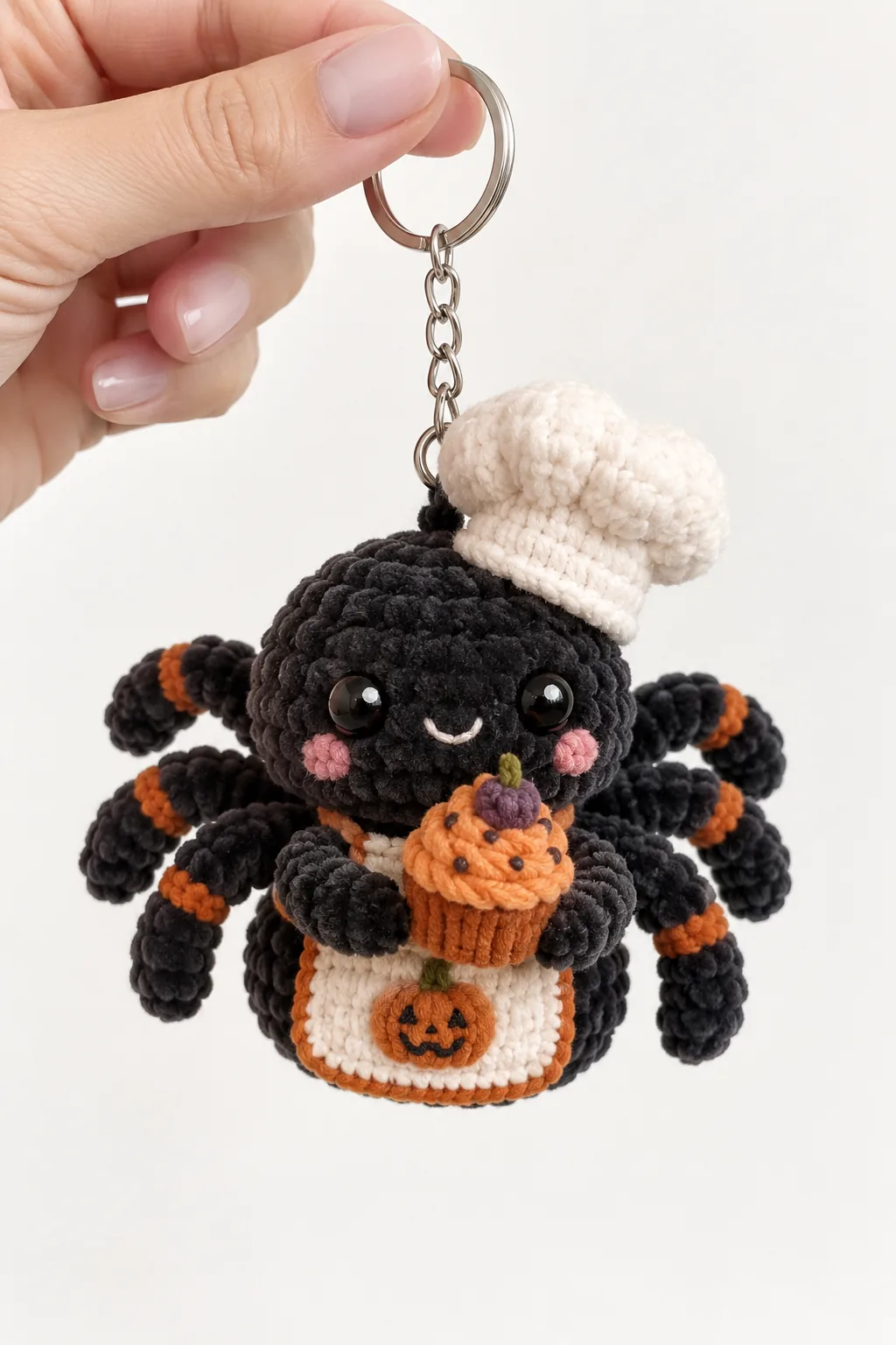 Black spider baker holding a pumpkin cupcake crochet keychain
