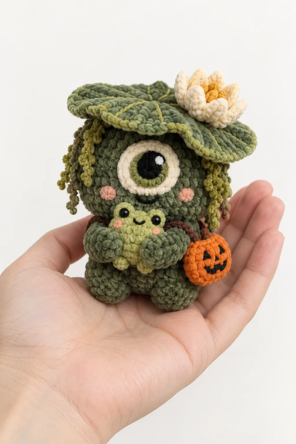 Green cyclops creature holding a tiny frog and pumpkin crochet plush