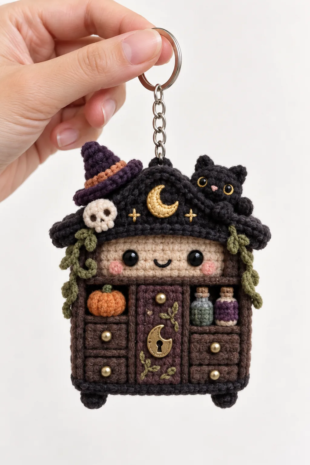 Tiny witch cabinet with potions and a black cat crochet keychain