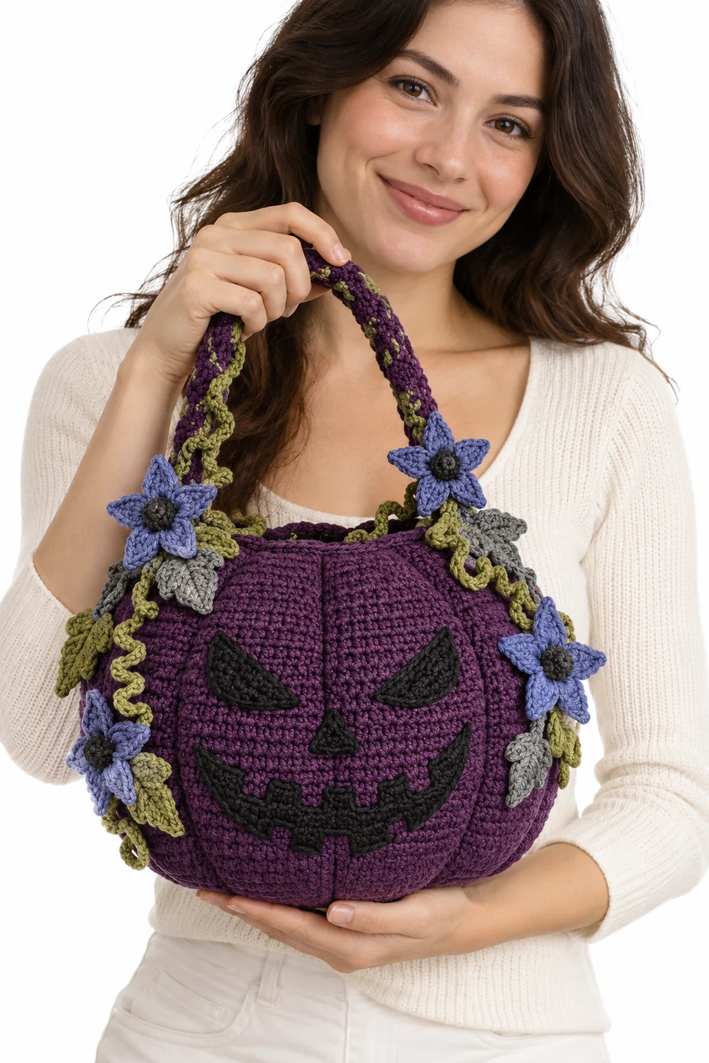 Aubergine crochet pumpkin bag decorated with blue star motifs