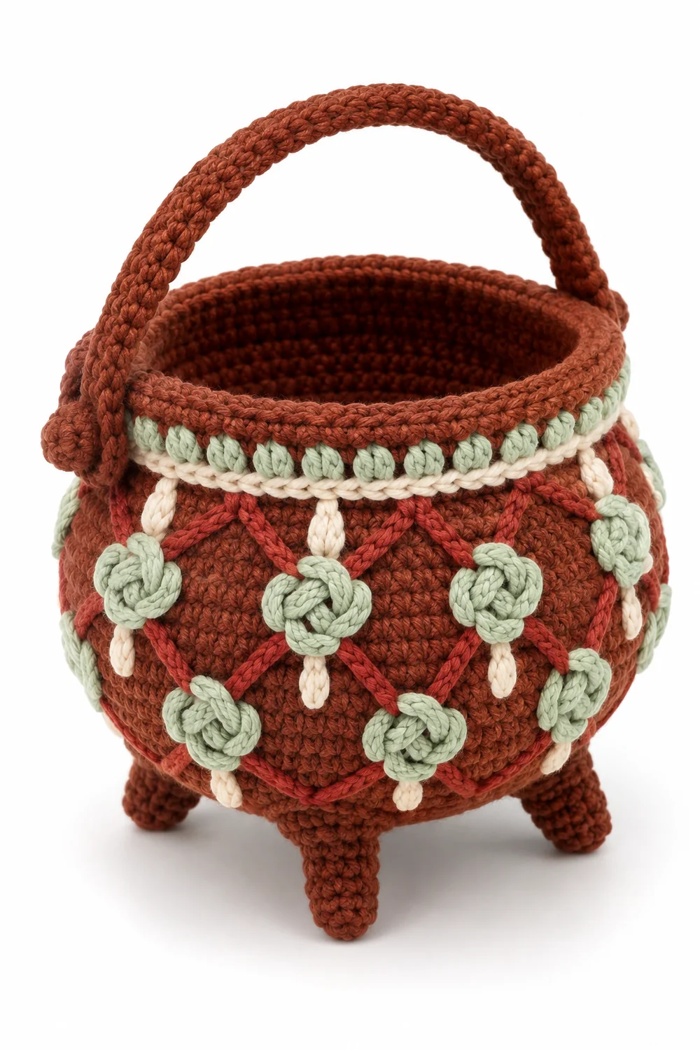 Burnt sienna crochet cauldron-shaped treat basket with pale mint and cream details