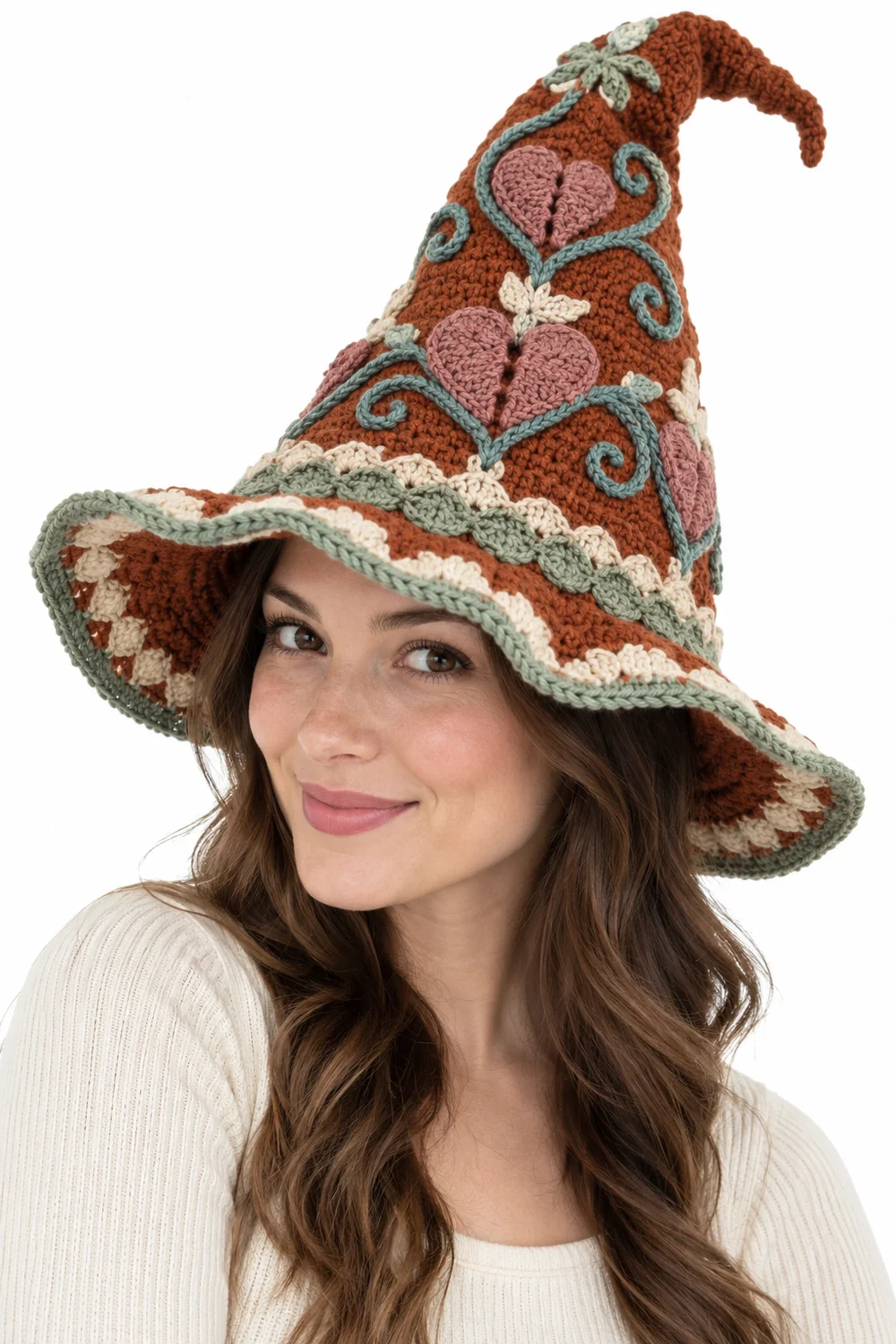 Burnt sienna crochet pointed witch hat headpiece with pale mint and cream trim