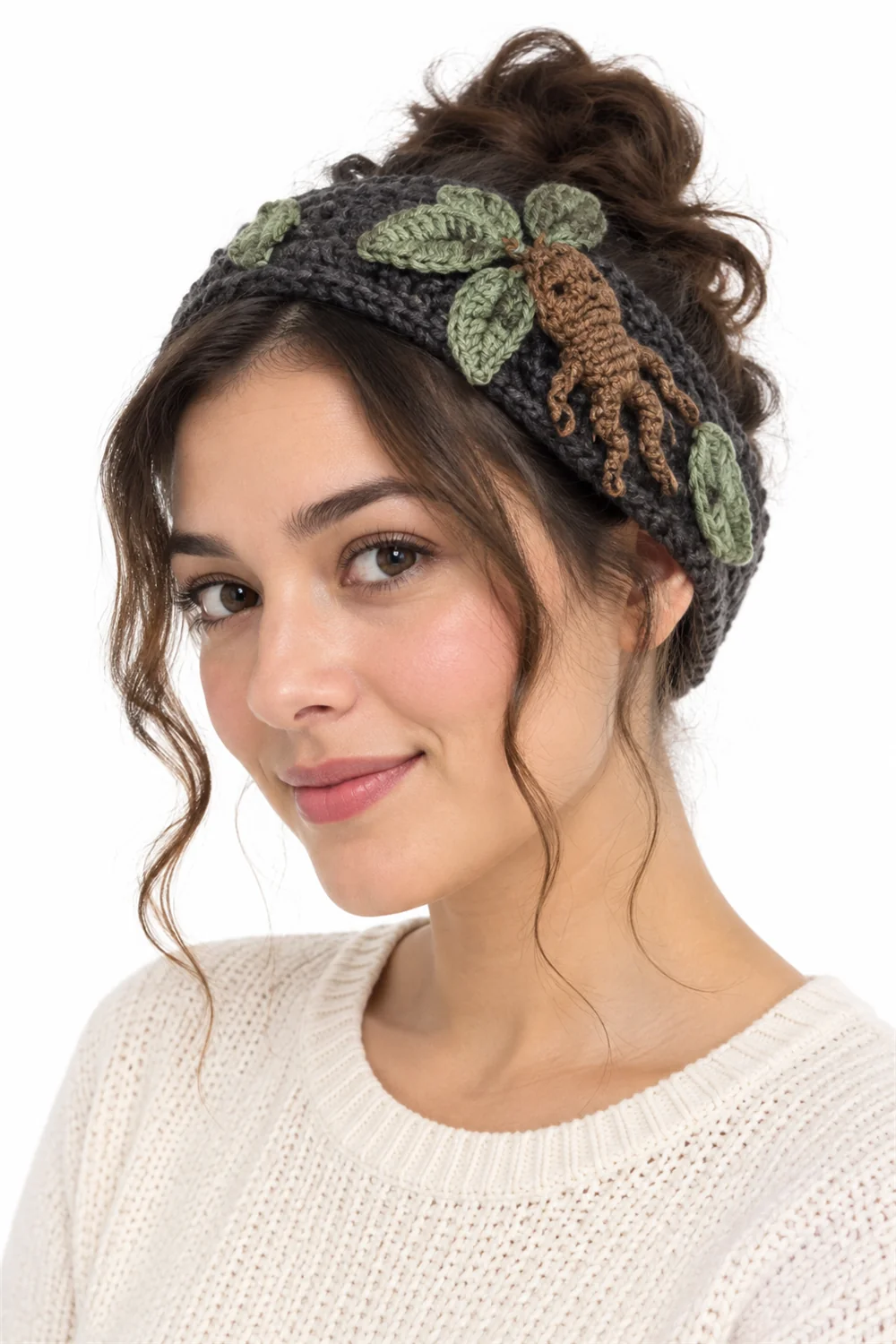 Charcoal gray crochet hairband with mandrake root motif for Halloween