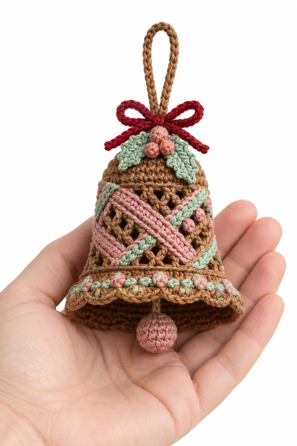 Chestnut brown crochet Christmas bell ornament in angular basket ribbons
