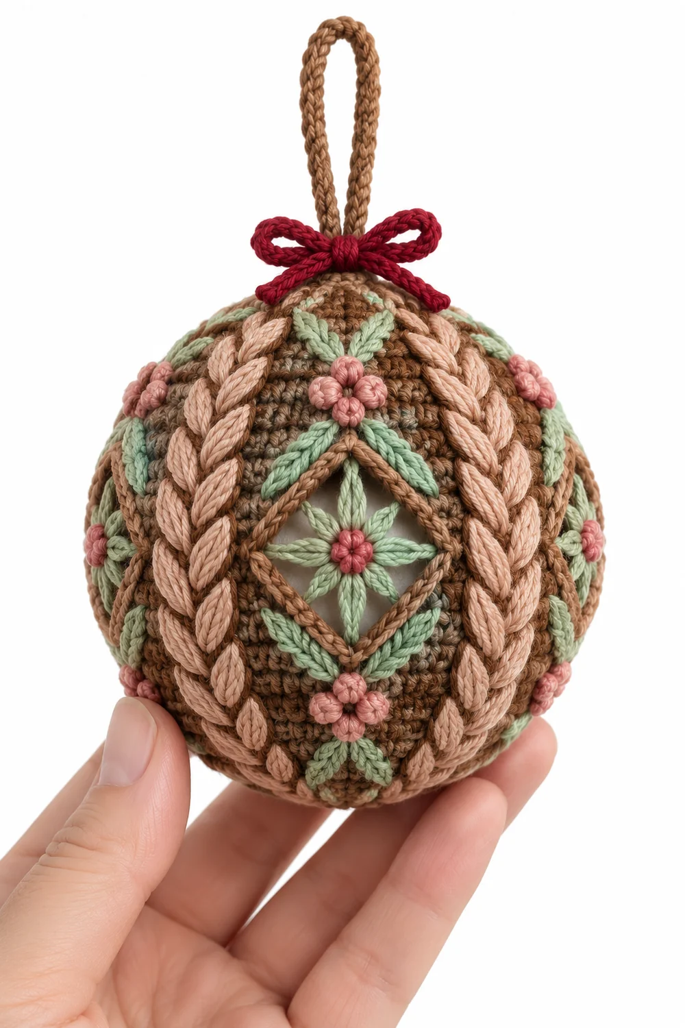 Chestnut brown crochet padded Christmas bauble in braided wheat diamonds