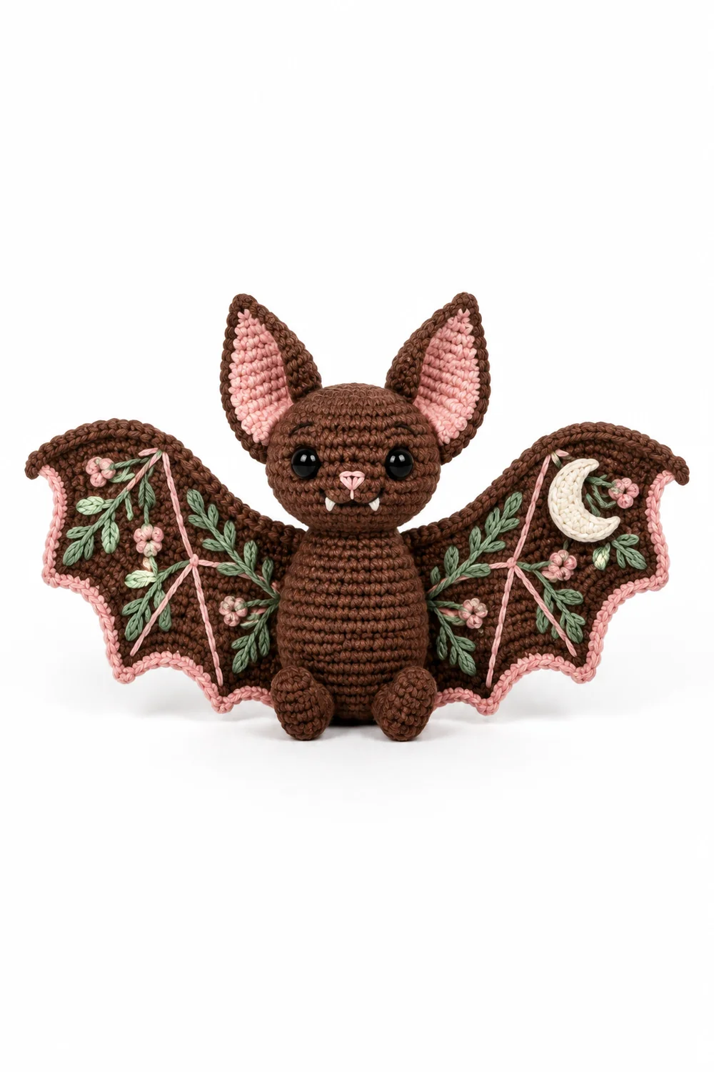 Chestnut brown plush crochet bat decoration with rosemary sprig texture