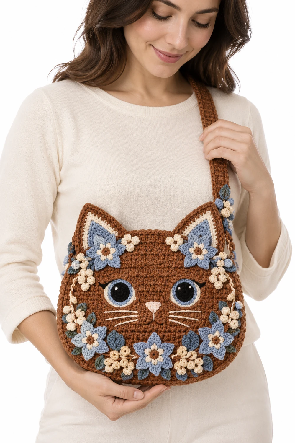 Cinnamon crochet black cat pouch with pointed ears and star details