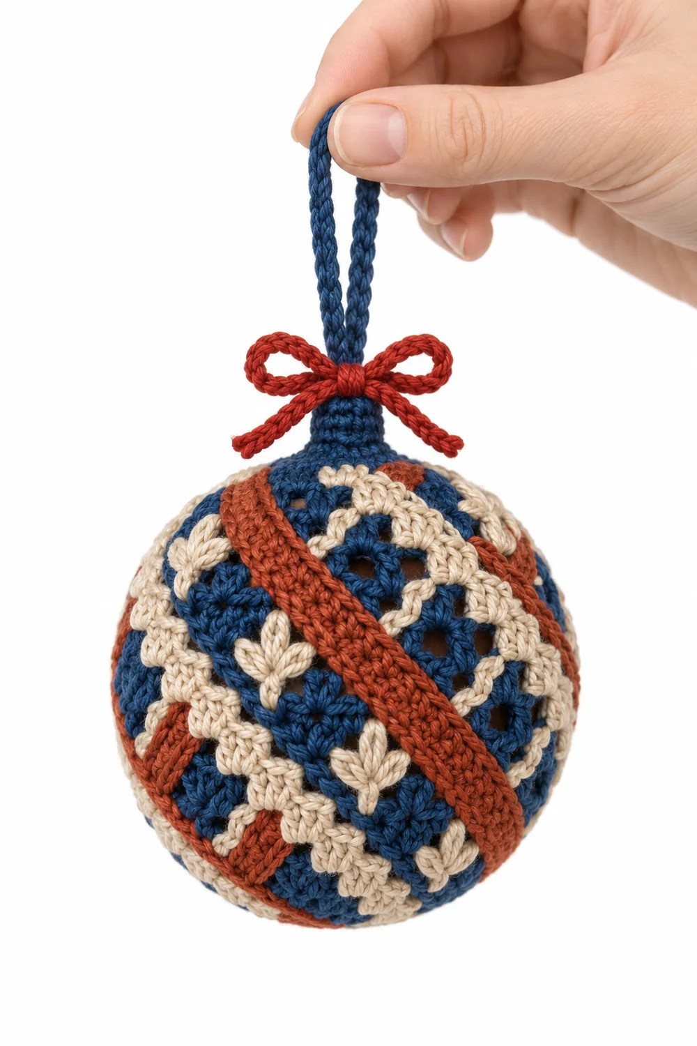 Cobalt blue crochet padded Christmas bauble in angular basket ribbons
