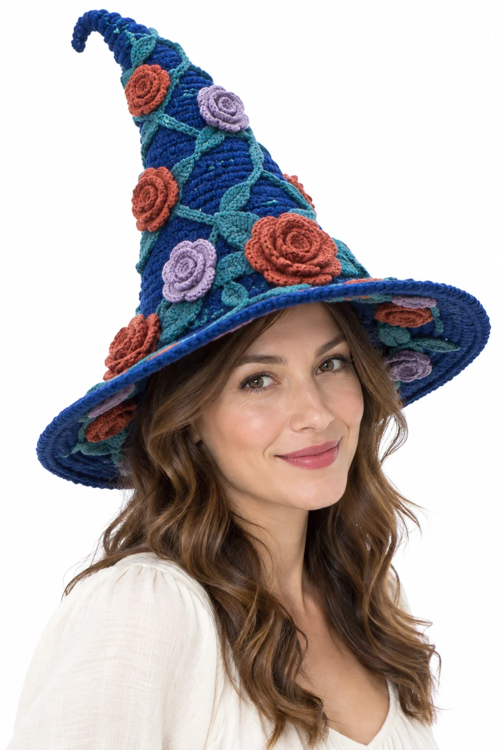 Cobalt blue crochet pointed witch hat headpiece with terracotta and lavender accents