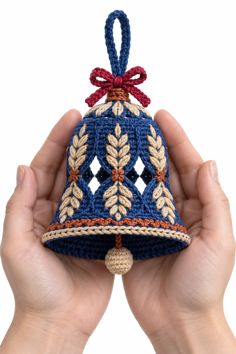 Cobalt blue crochet Christmas bell ornament in braided wheat diamonds