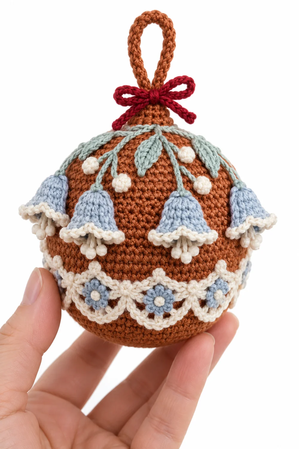 Copper crochet padded Christmas bauble in alpine bellflower lace