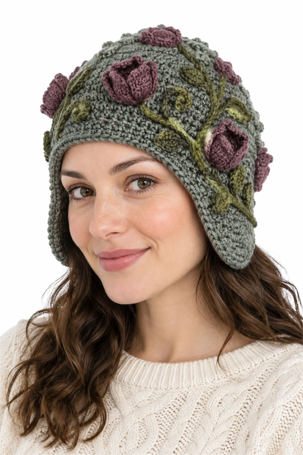 Gray-green close-fitted crochet ear cap with cup lichen texture
