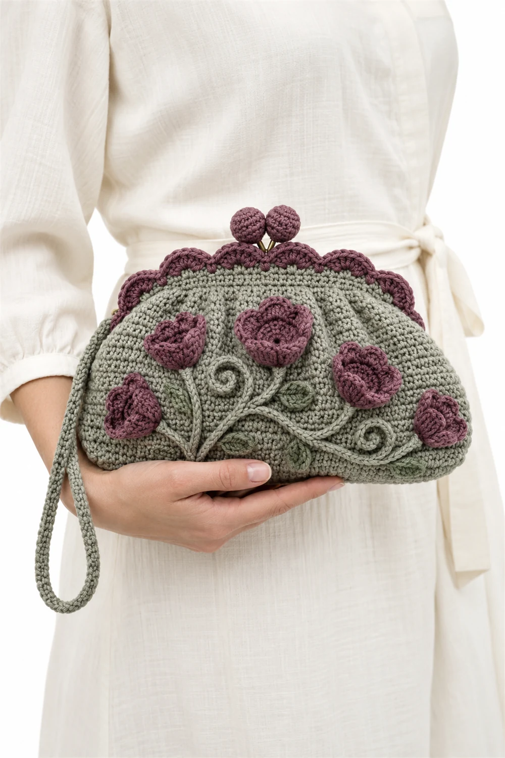 Gray-green crochet frame clutch with scalloped cup lichen texture