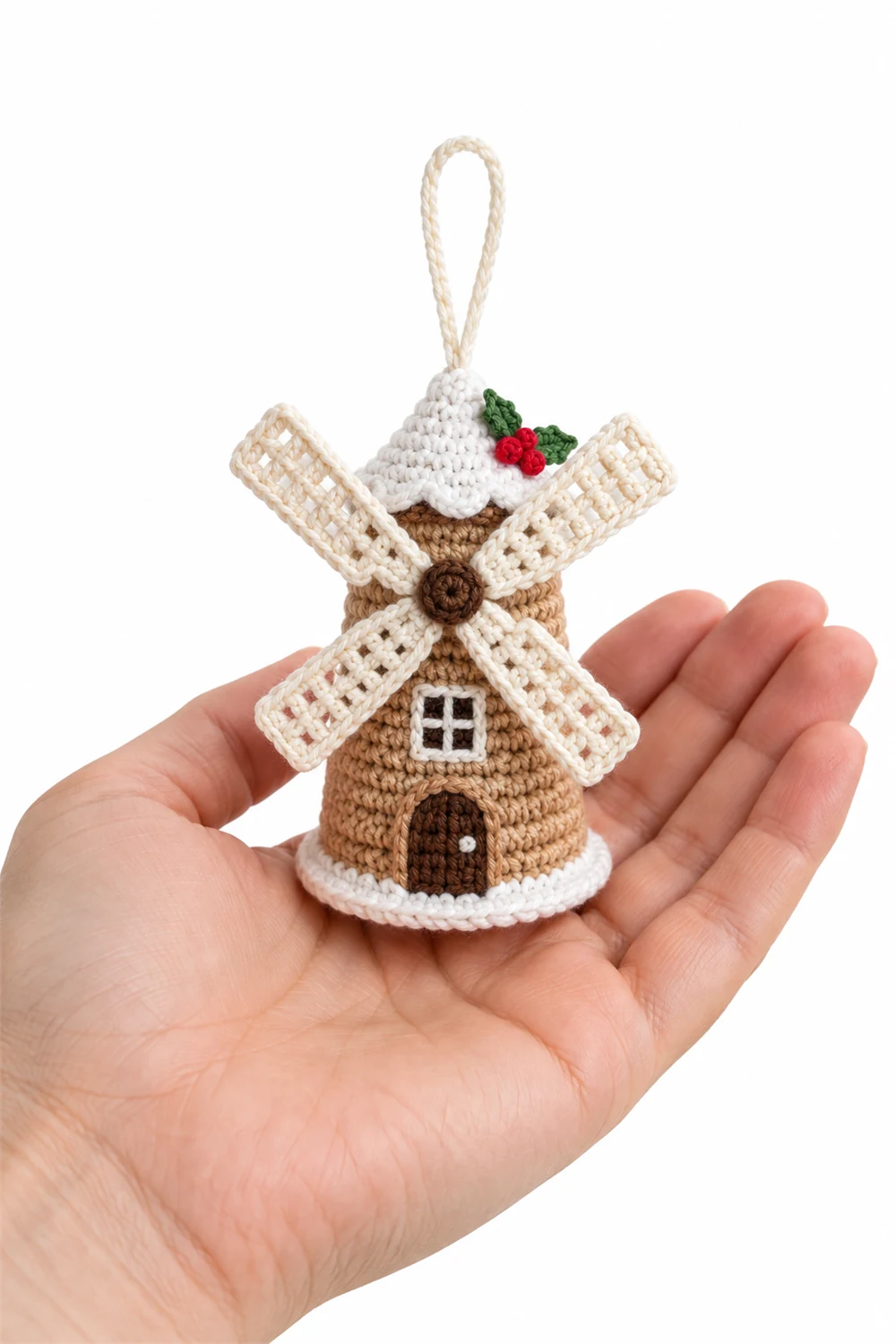 Crochet windmill Christmas ornament with four sails and red door