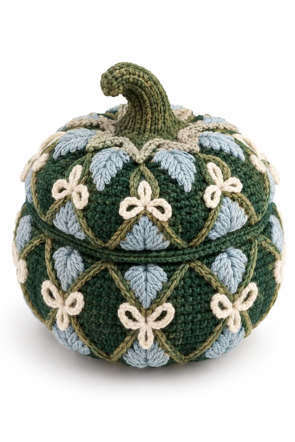 Forest green crochet gothic pumpkin-shaped lidded box with ice blue accents