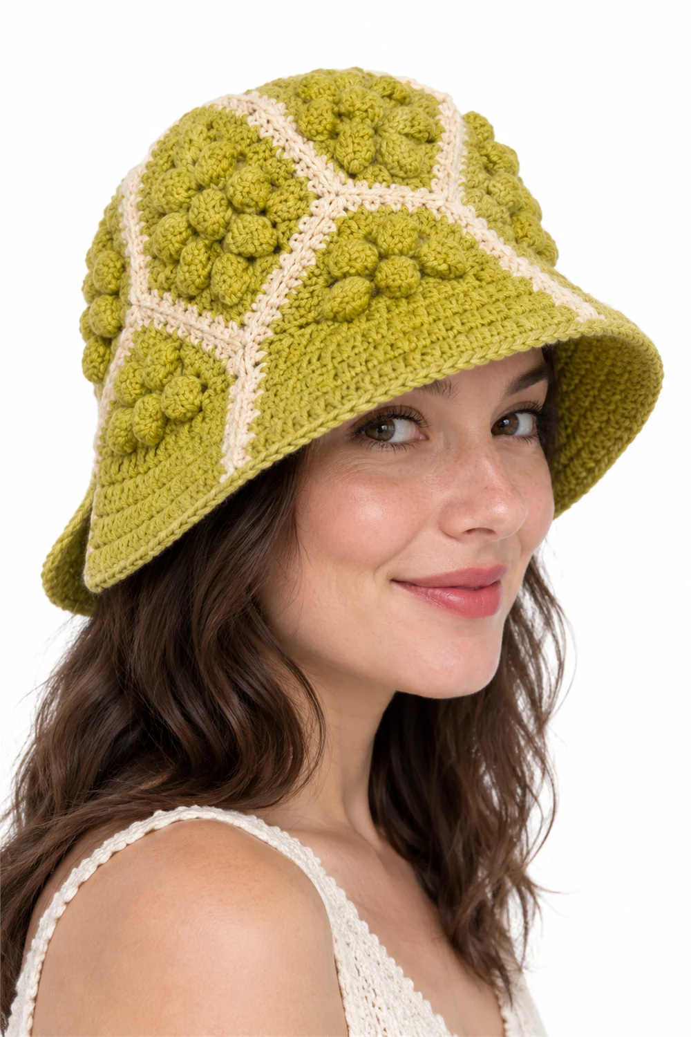 Golden yellow crochet bucket hat with split brim and crust lichen texture