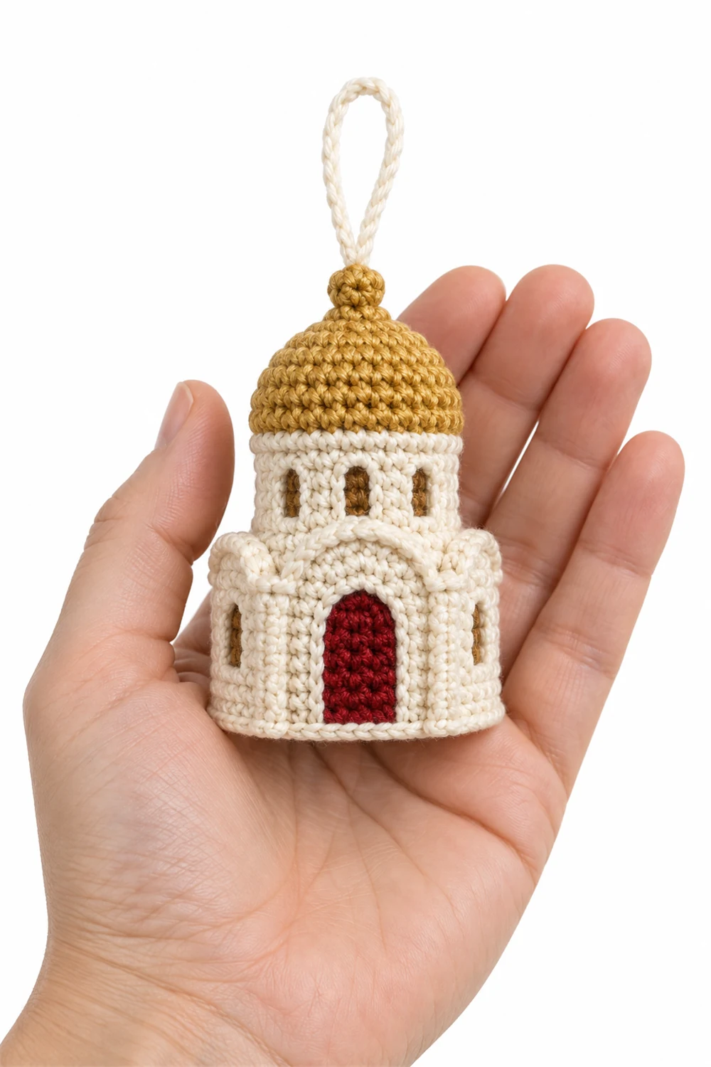 Crochet Christmas ornament with golden onion dome and ornate base
