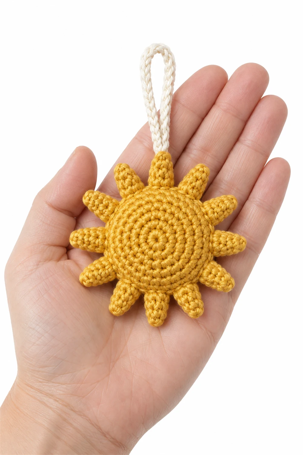 Golden crochet sunburst Christmas ornament with pointed rays
