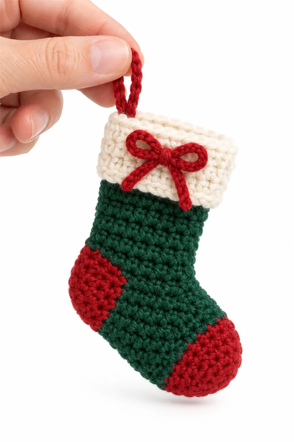 Green and red crochet Christmas stocking ornament