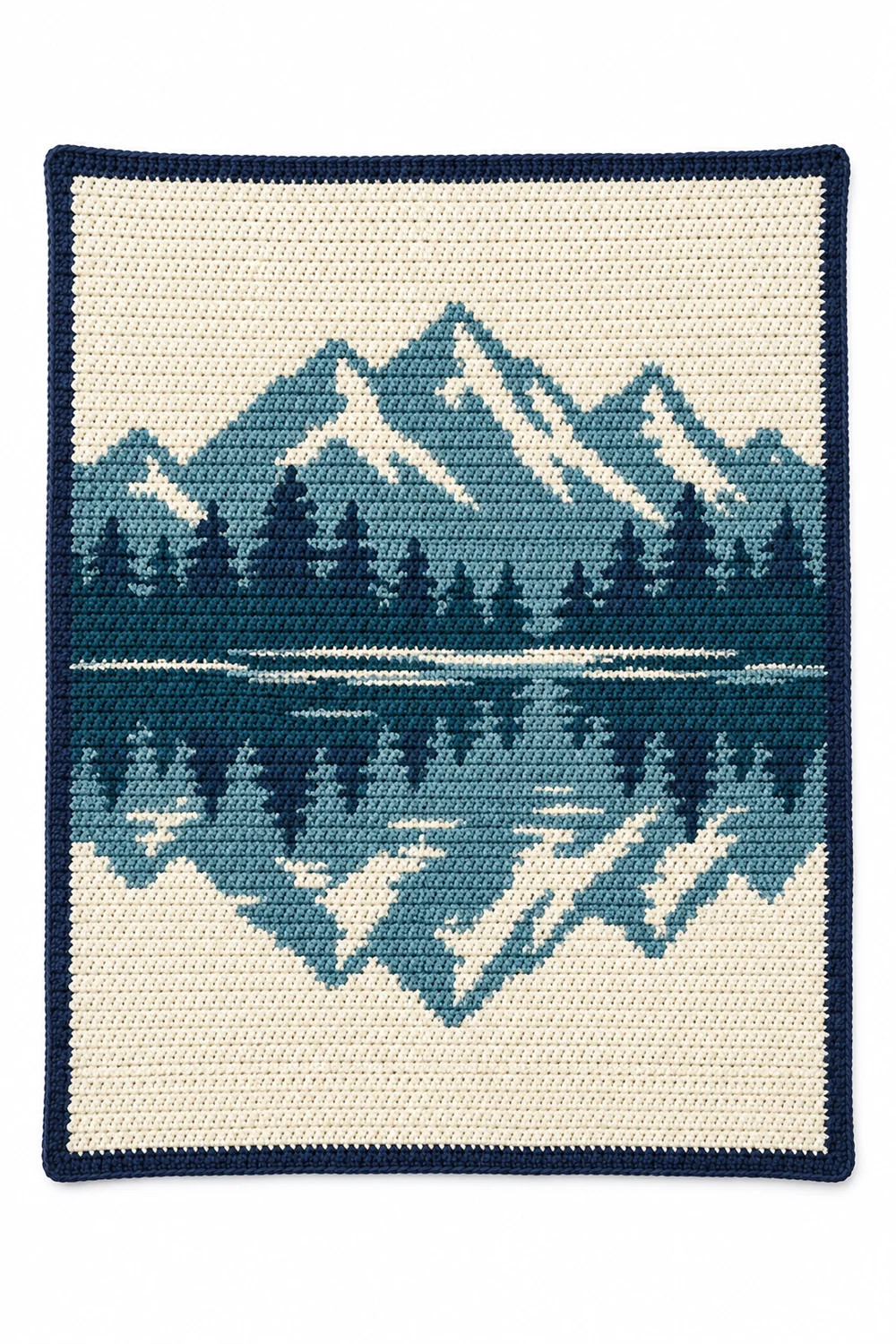 Ivory and pale blue crochet blanket evoking a still alpine lake reflection