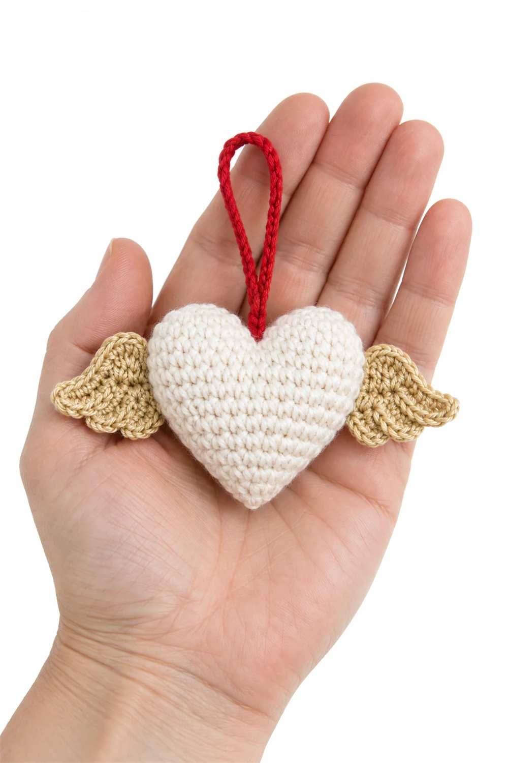 Ivory crochet heart ornament with small wings on each side