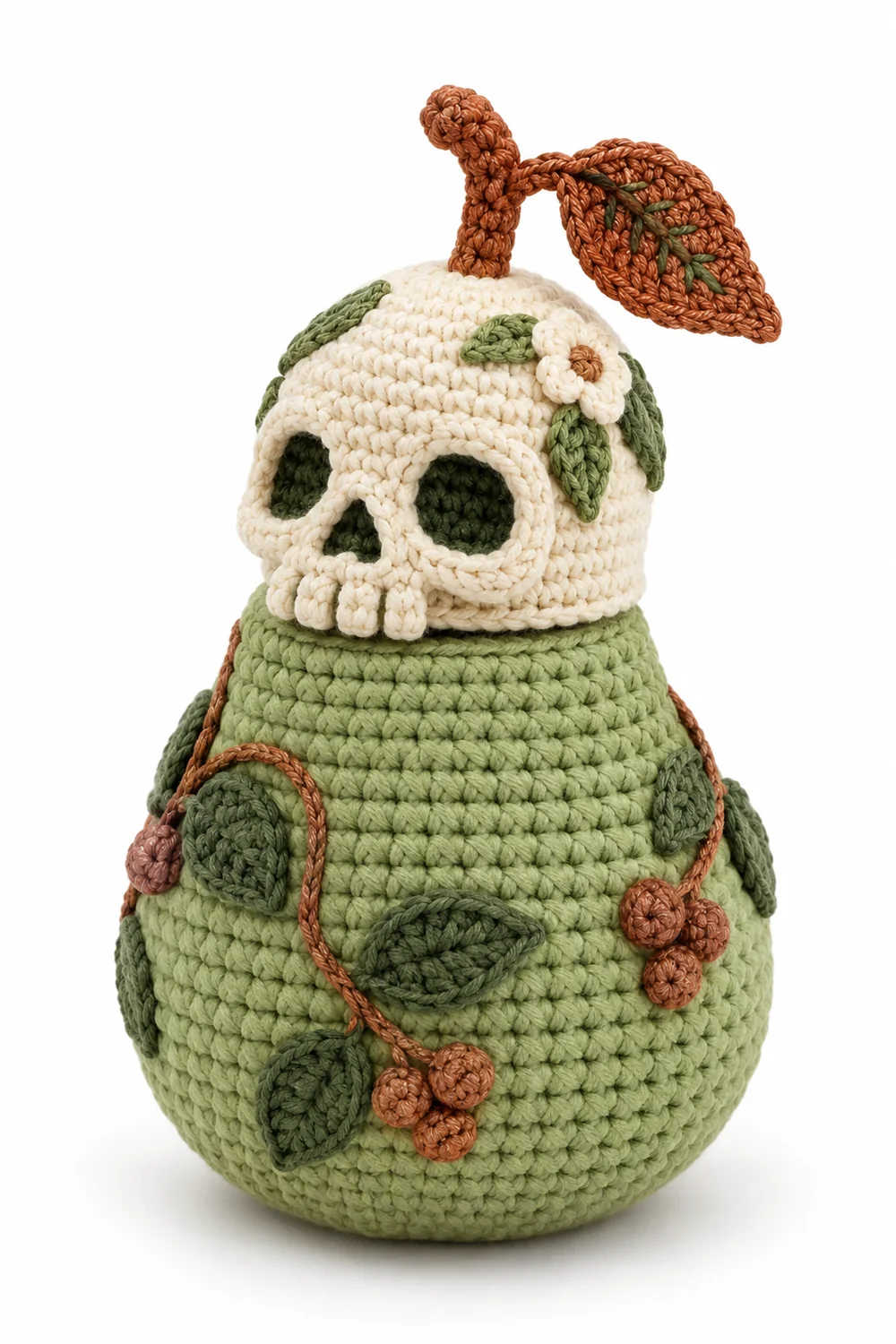 Jade green guava-shaped crochet cover for a storage jar or lantern