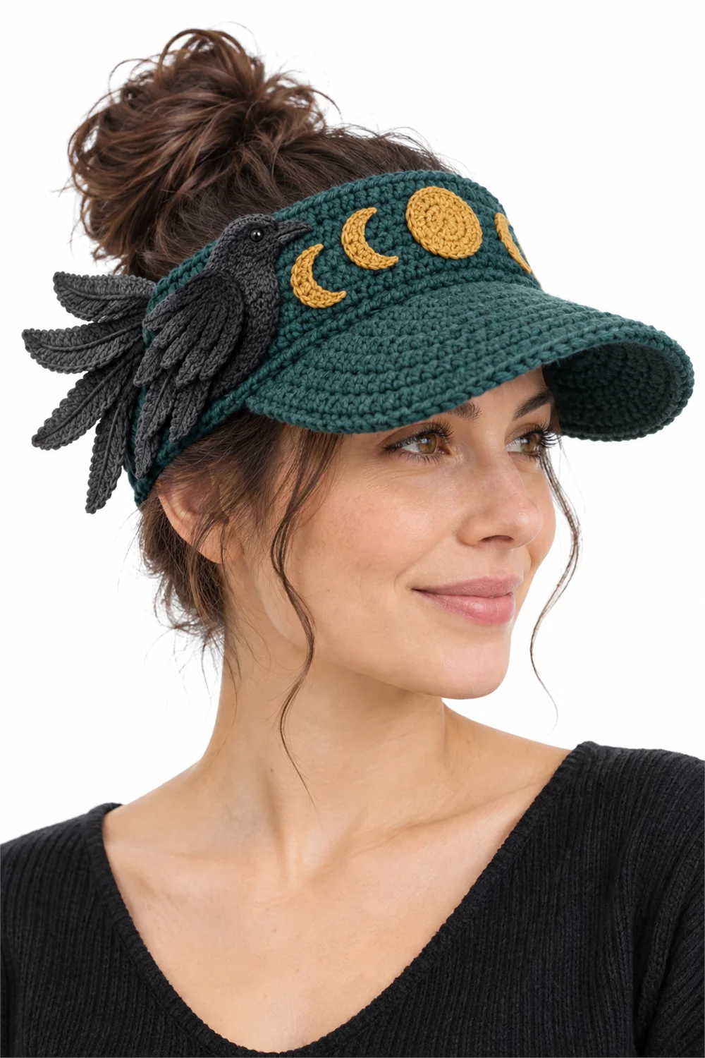 Dark jade crochet visor with raven-inspired gothic styling