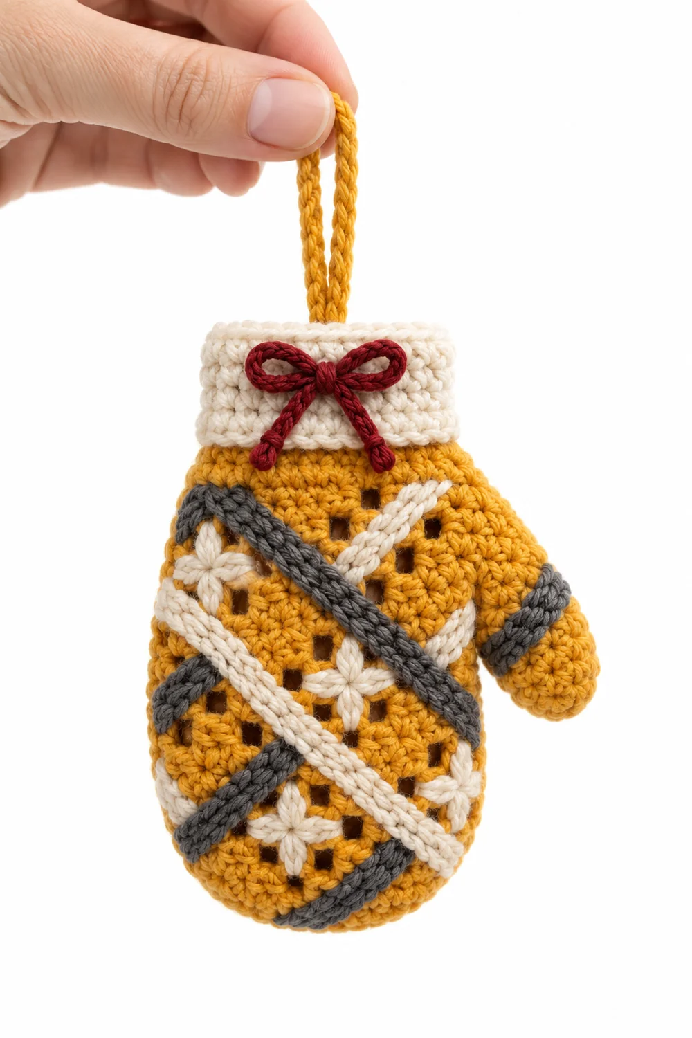 Marigold yellow crochet mitten-shaped Christmas ornament in angular basket ribbons