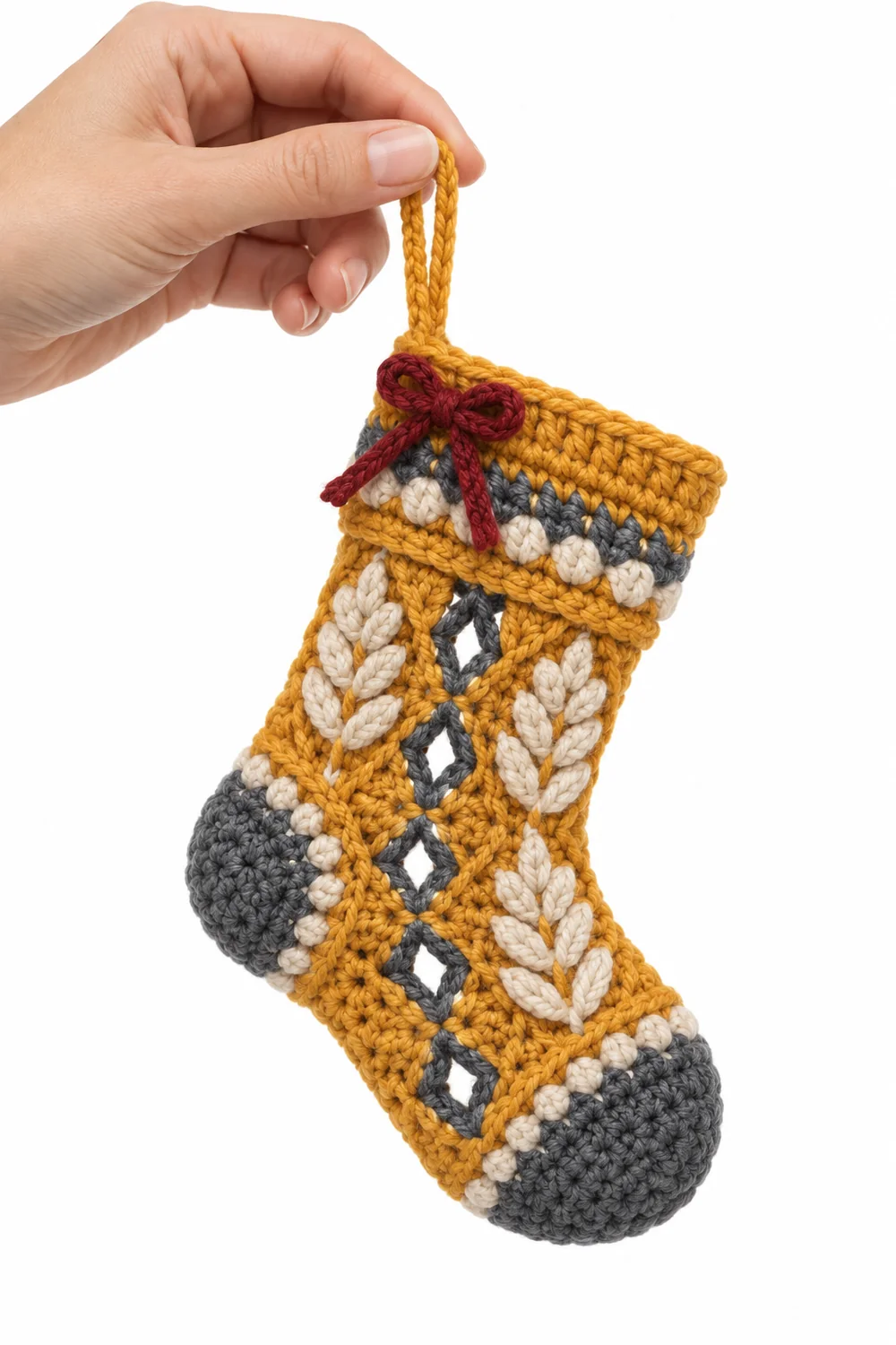Marigold yellow crochet small Christmas stocking ornament in braided wheat diamonds