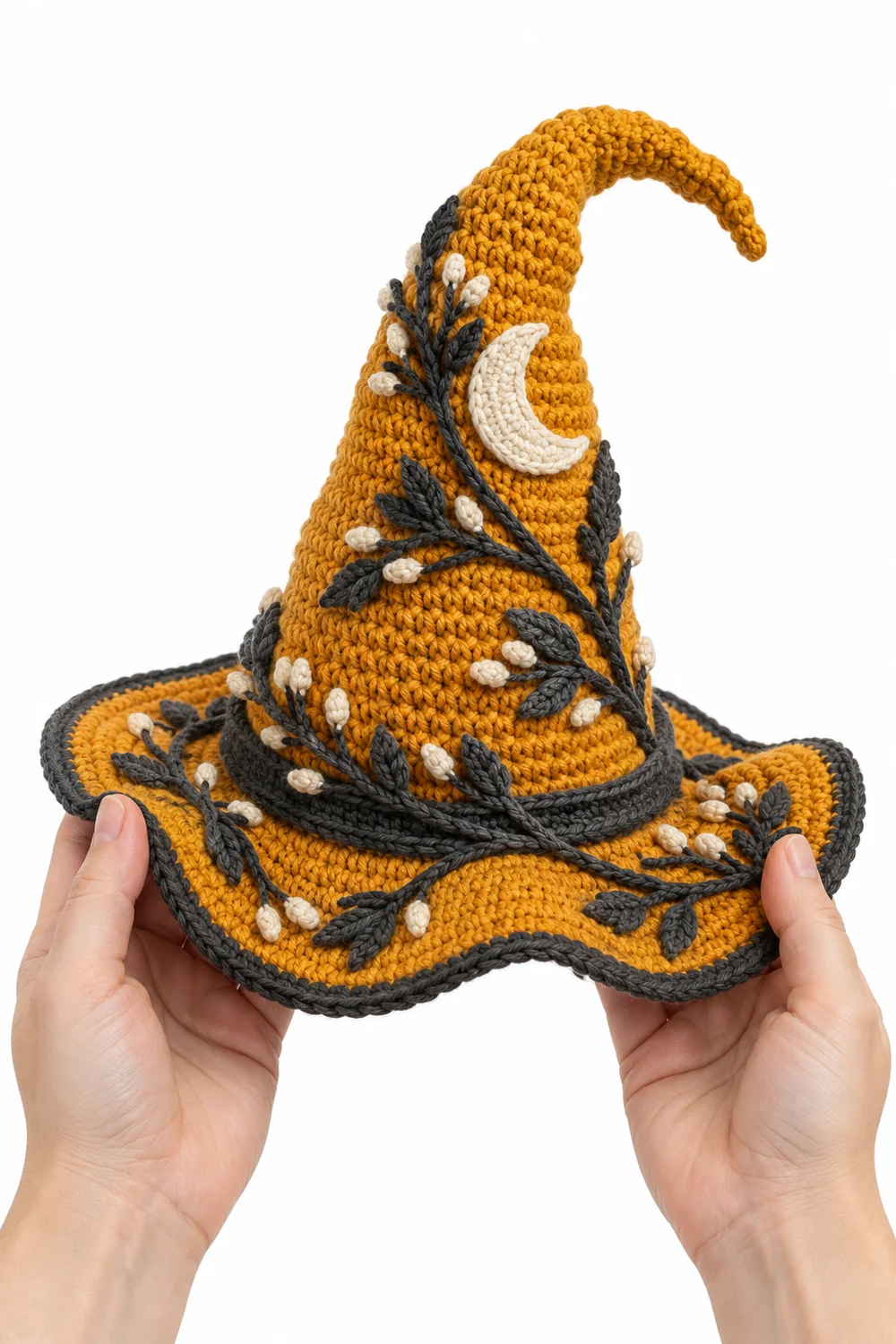 Marigold yellow soft crochet witch hat decoration