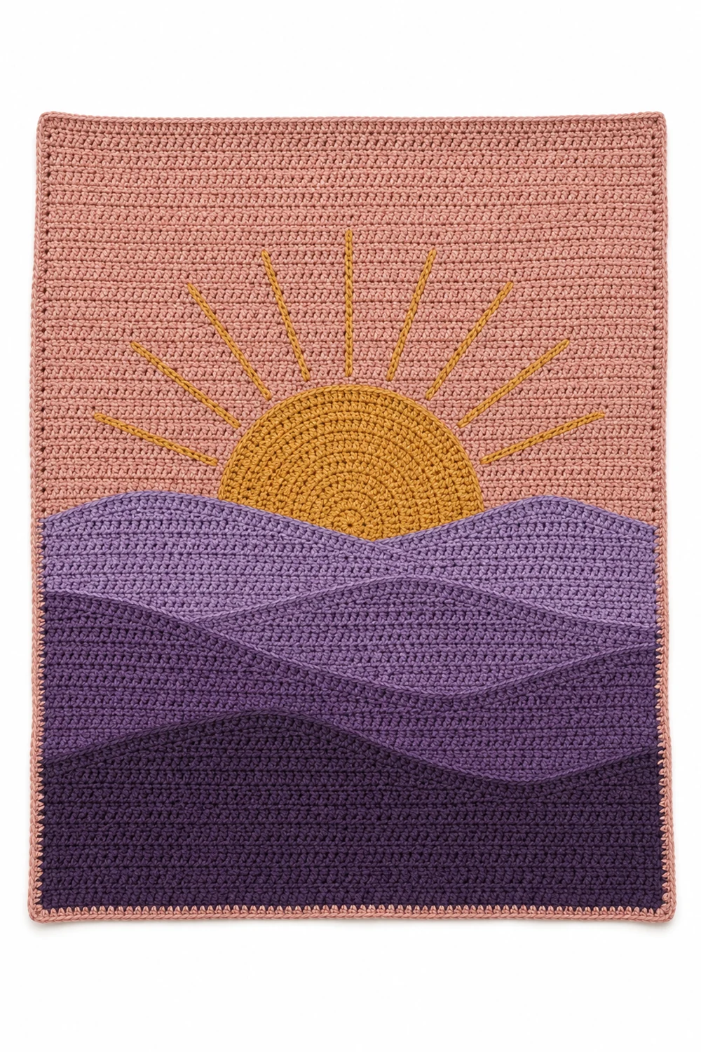 Mauve, blush and gold crochet blanket inspired by sunrise over a valley
