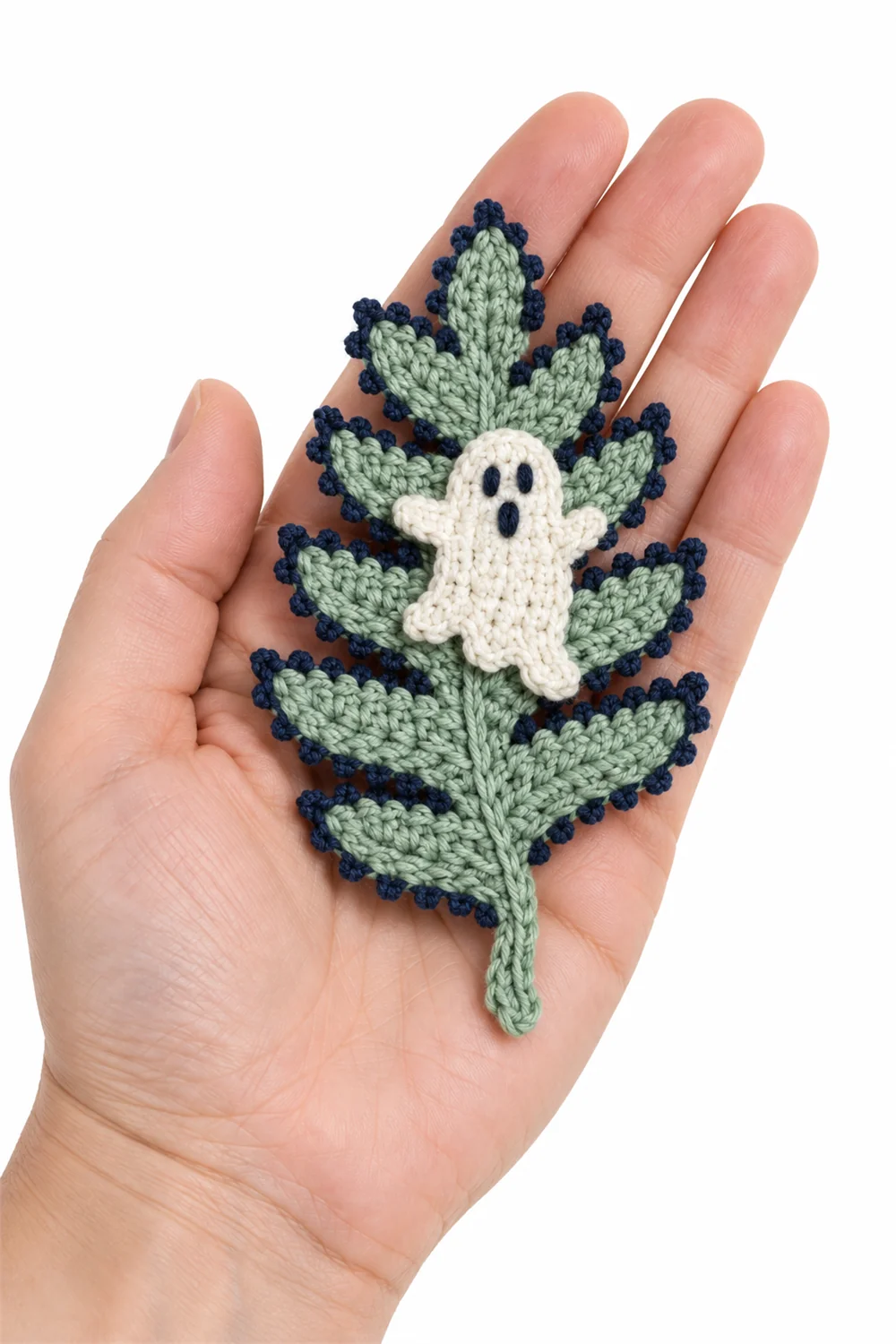 Pale mint crochet fern brooch with ghostly Halloween look
