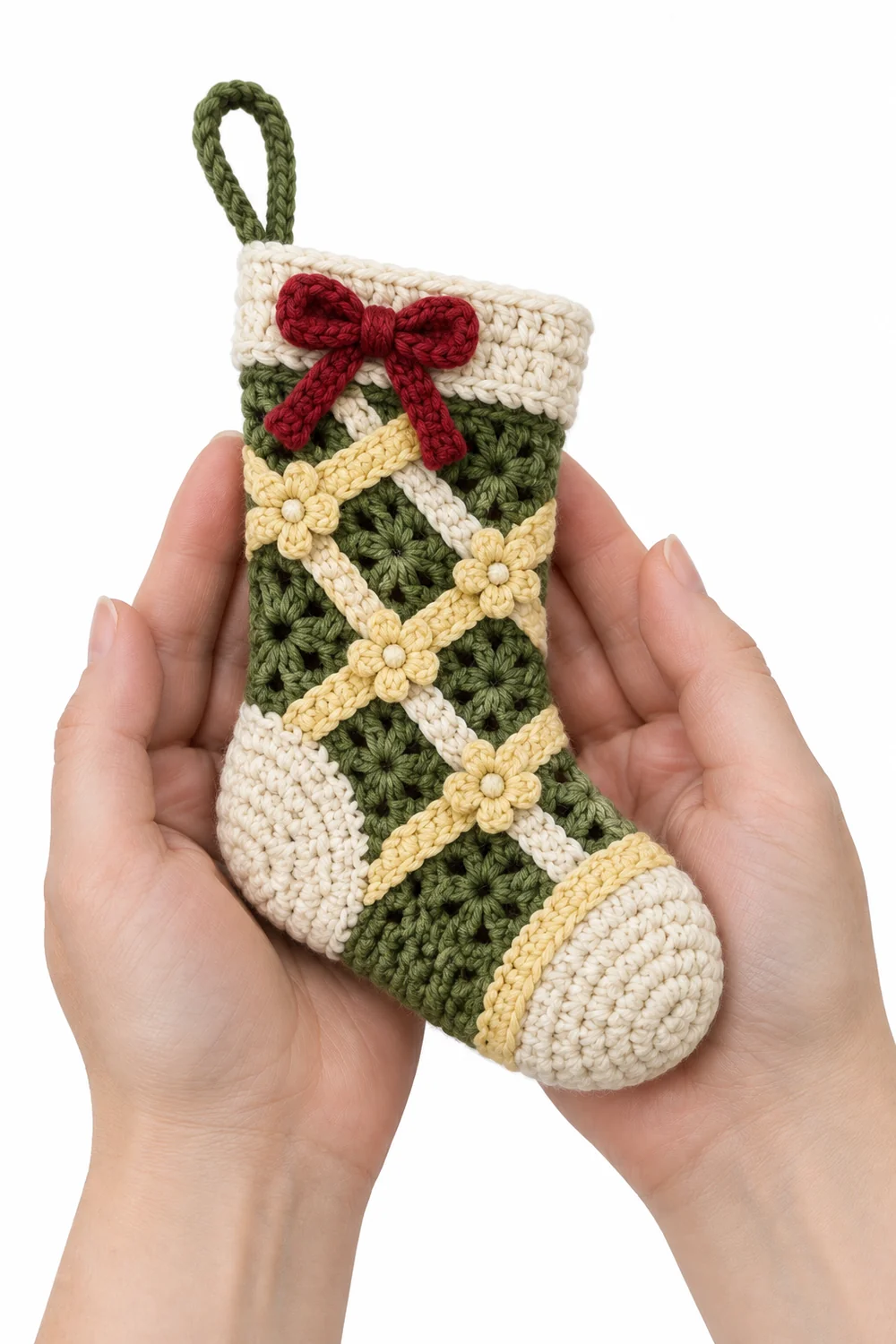 Moss green crochet small Christmas stocking ornament in angular basket ribbons