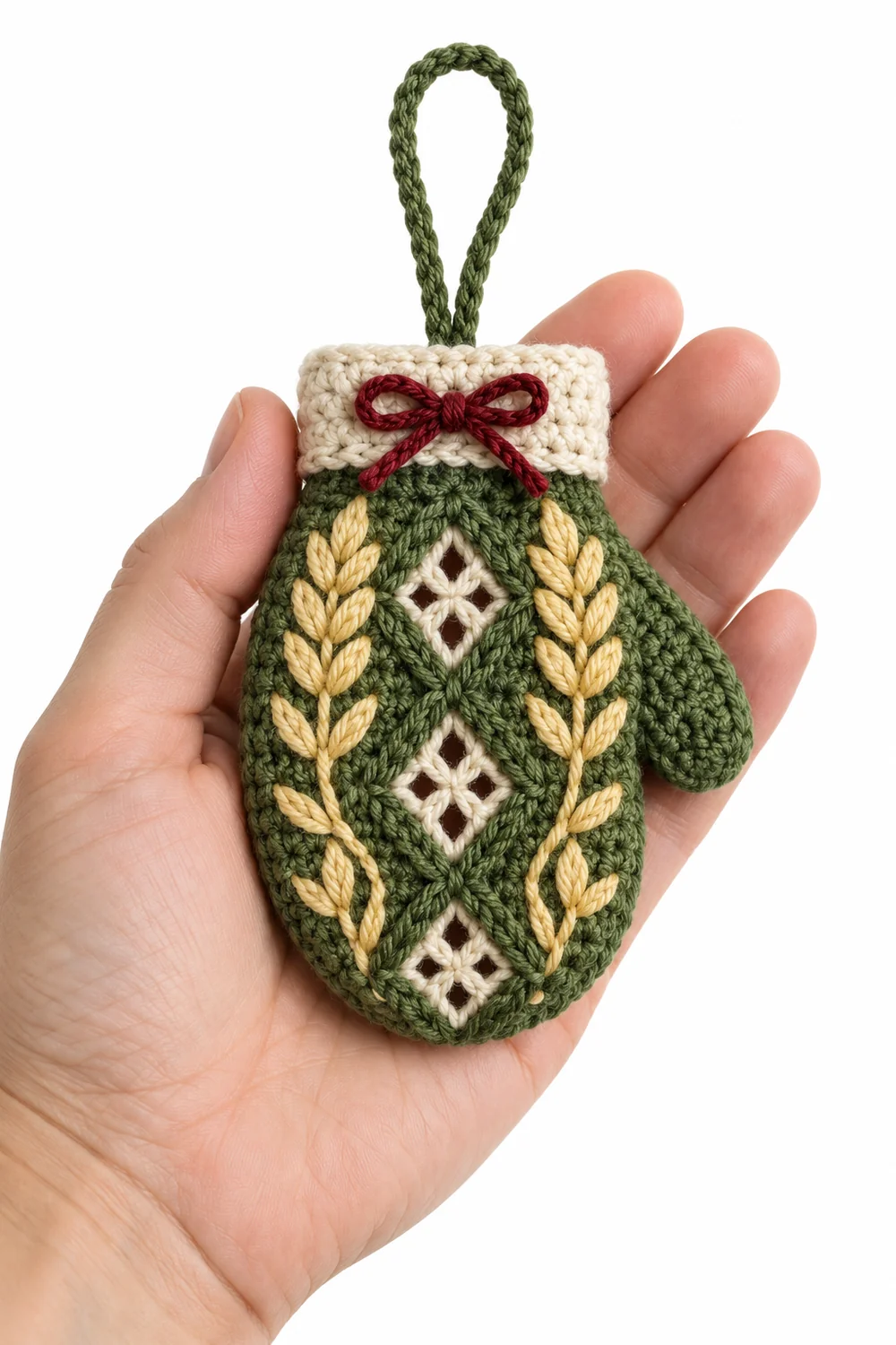 Moss green crochet mitten-shaped Christmas ornament in braided wheat diamonds
