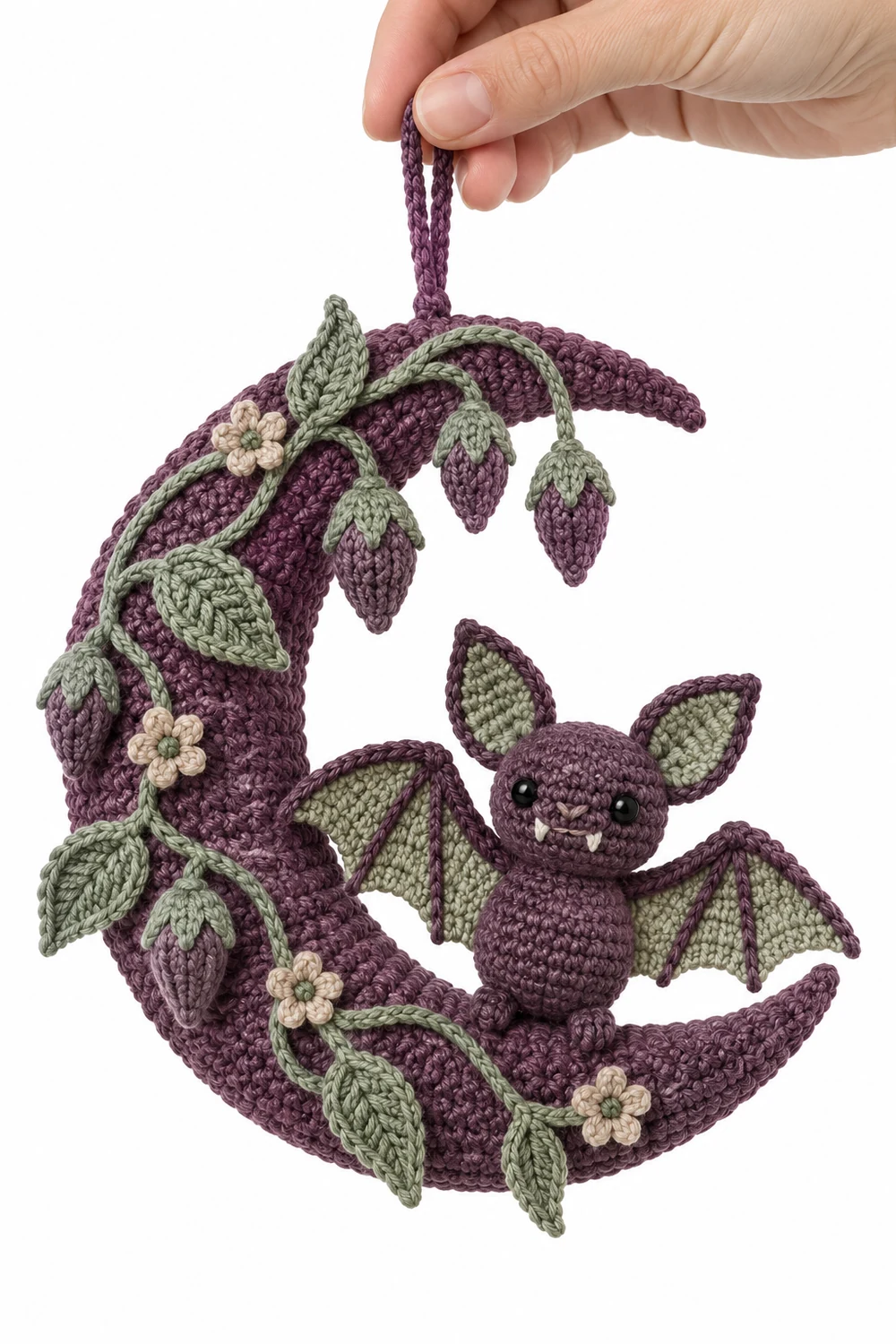 Mulberry crochet wall hanging with bat, crescent moon and blue stars