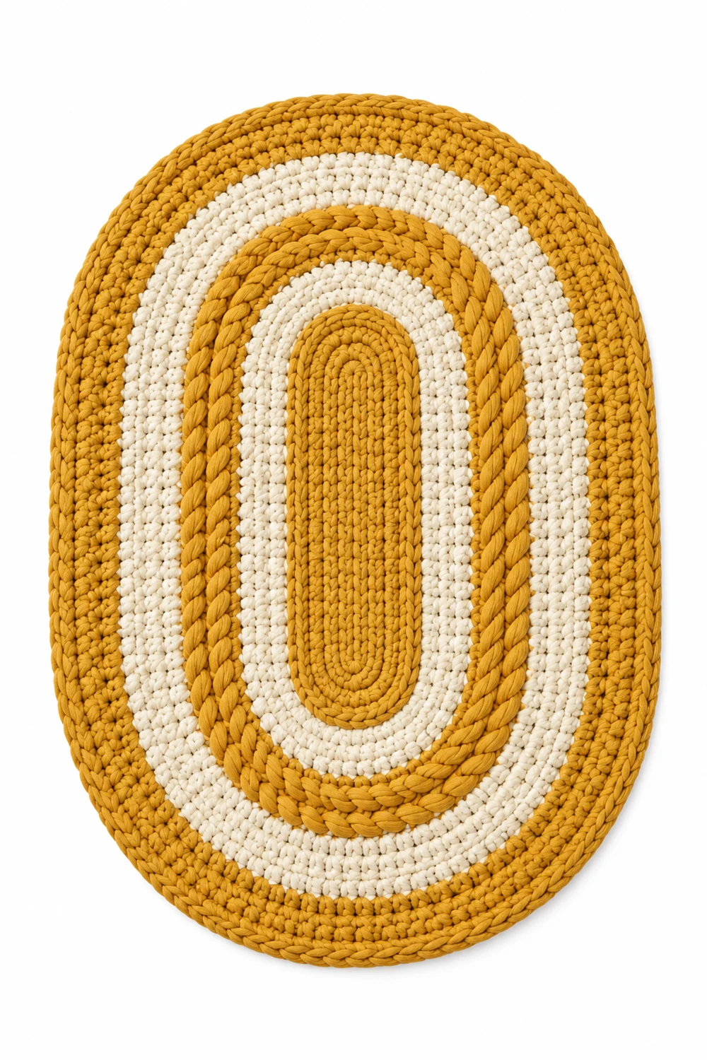 Mustard yellow oval crochet rug formed by braided ring texture