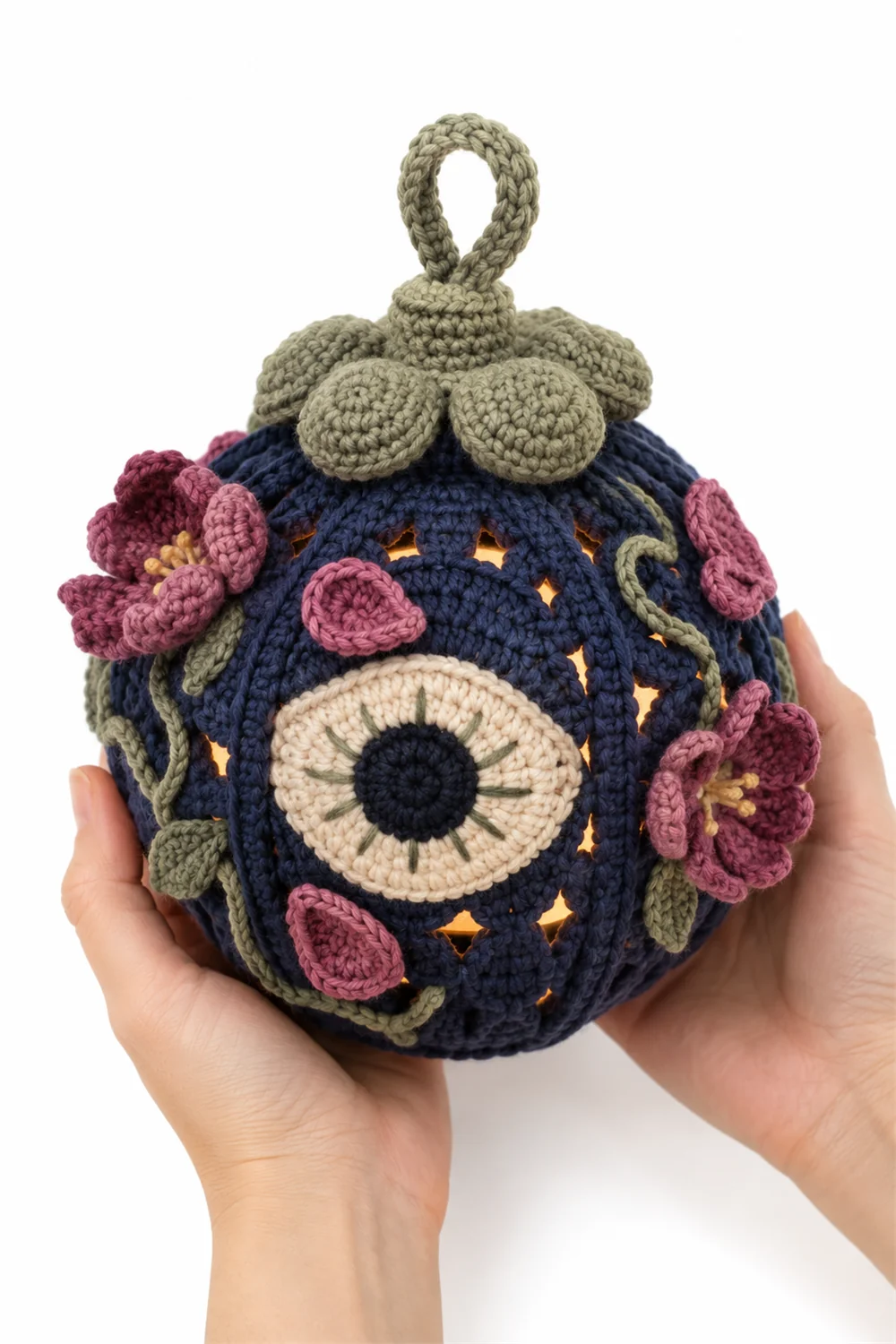 Navy blue mangosteen-shaped crochet lantern cover
